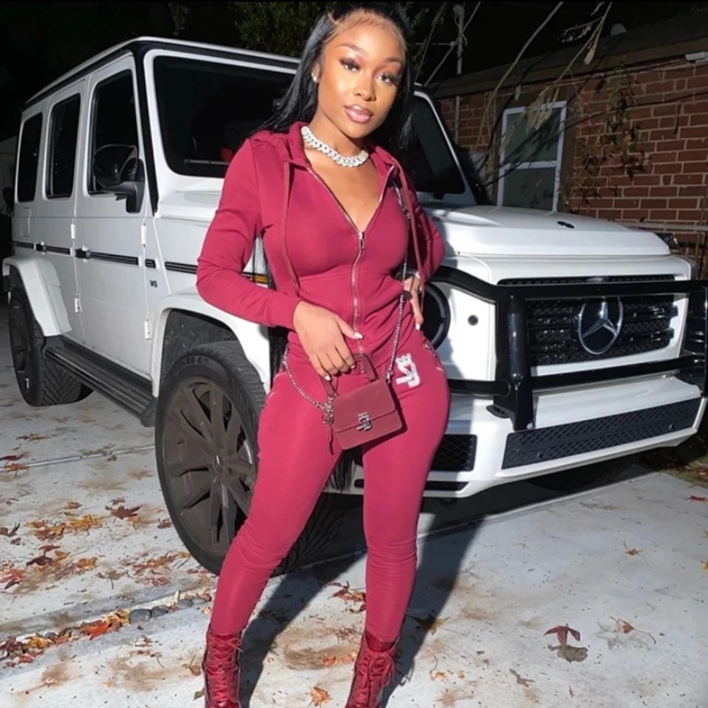 “SJ” Burgundy Two Piece Sweater Set.